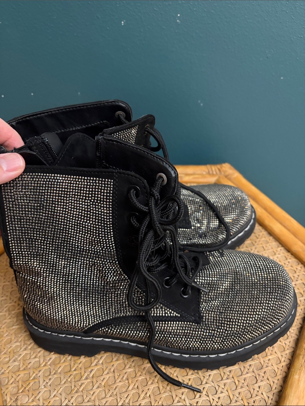 torrid Black and Silver Lace-Up Glitter Combat Boots